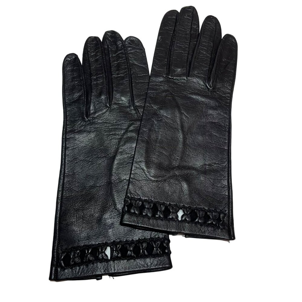 Vintage Womens Black Leather Gloves Decorative Open Detailing at Cuff